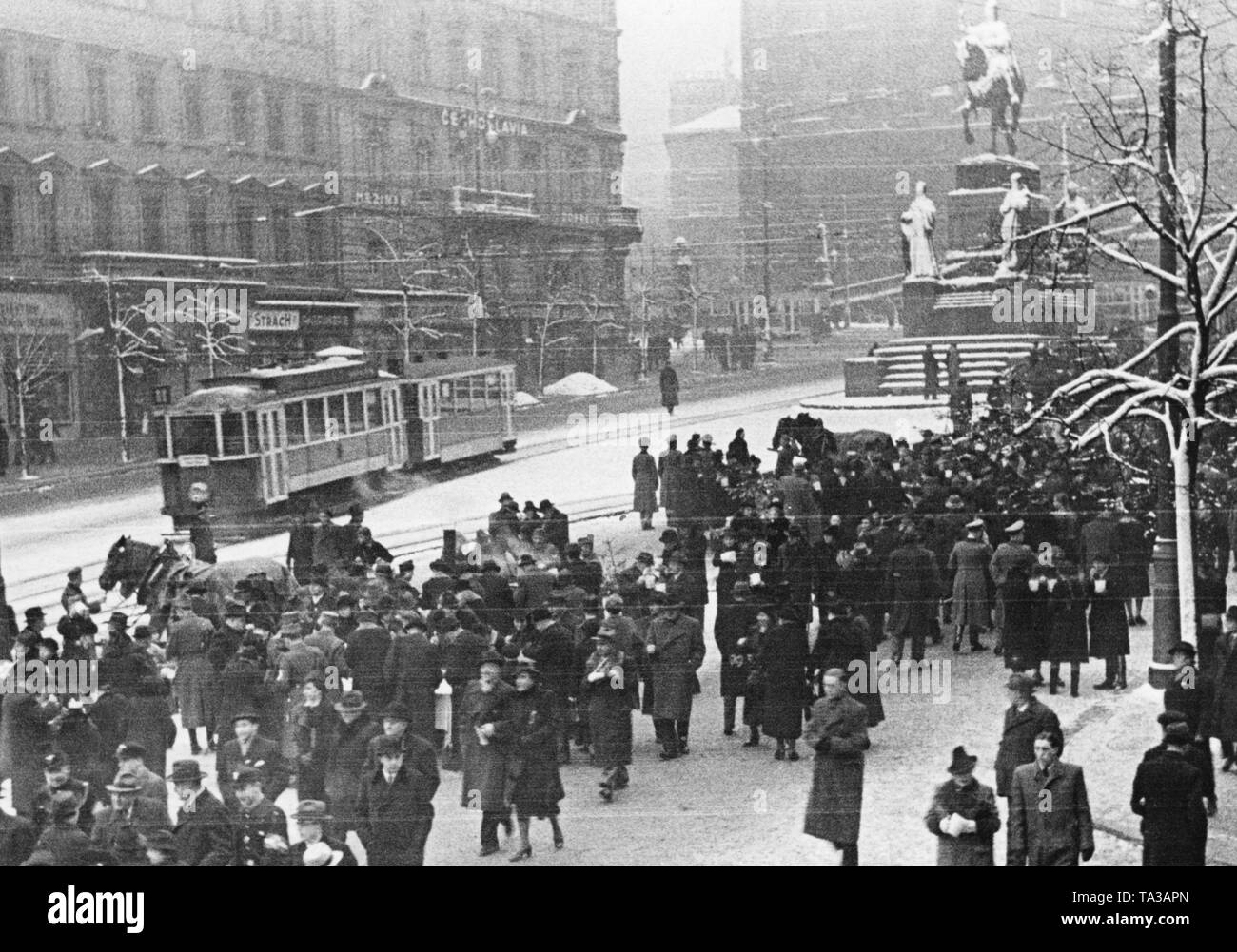 After the establishment of the Protectorate of Bohemia and Moravia, the 'Einpot Sonntag' takes place at Wenceslas Square. All families of the German Reich were supposed to eat stew on Sunday once a month. Stock Photo