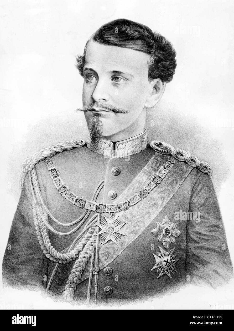 This photograph shows King Otto I of Bavaria, the younger brother of Ludwig II. In this painting, Otto I wears the collar and the cross of the Order of St. George. The Order of St. George was the most famous Bavarian chivalric order and is still the house order of the Wittelsbach dynasty. Otto I could not take the throne after Ludwigs death due to mental derangement. Prince Regent Luitpold ruled in his place and from 1912 Ludwig III. Undated portrait, presumably from the 1870s. Stock Photo