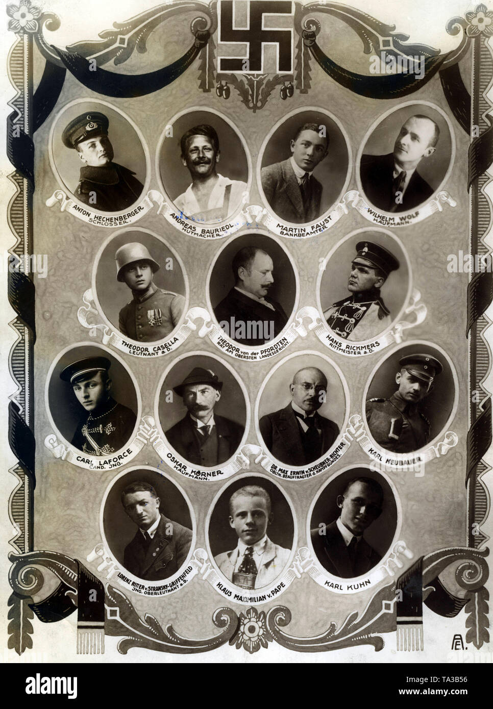 Collection of portraits of victims of the Hitler coup. From left to right: (first row) Anton Hechenberger, a locksmith, Andreas Bauriedl, a hatter, Martin Faust, a bank clerk, Wilhelm Wolf, a merchant (), (second row) Theodor Casella (Leutnat a.D.), Theodor von der Pfordten, a district court counselor, Hans Rickmers, a former cavalry captain (3rd row), Carl Laforce, Cand. Ing., Oskar Koerner, a merchant, Dr. Max Erwin von Scheubner-Richter, Karl Neubauer (4th row), Lorenz Ritter von Stansky-Griffenfeld, Ing. Oberleutnant, Klaus Maximilian von Pape, Karl Kuhn. Stock Photo