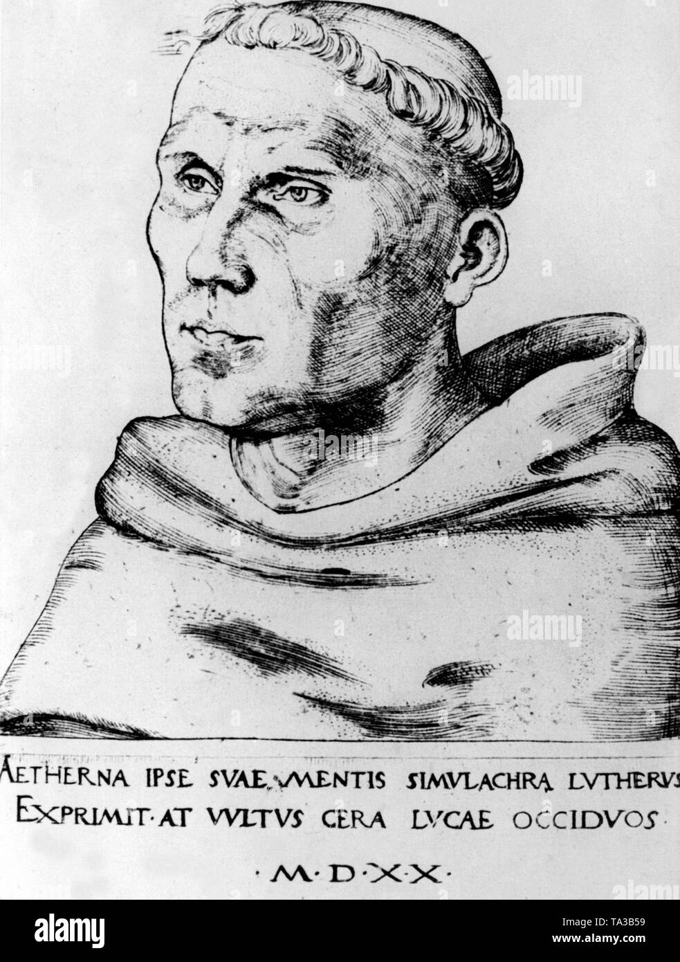 Martin Luther as an Augustinian monk. Copper engraving by Lucas Cranach, from the year 1520. Stock Photo