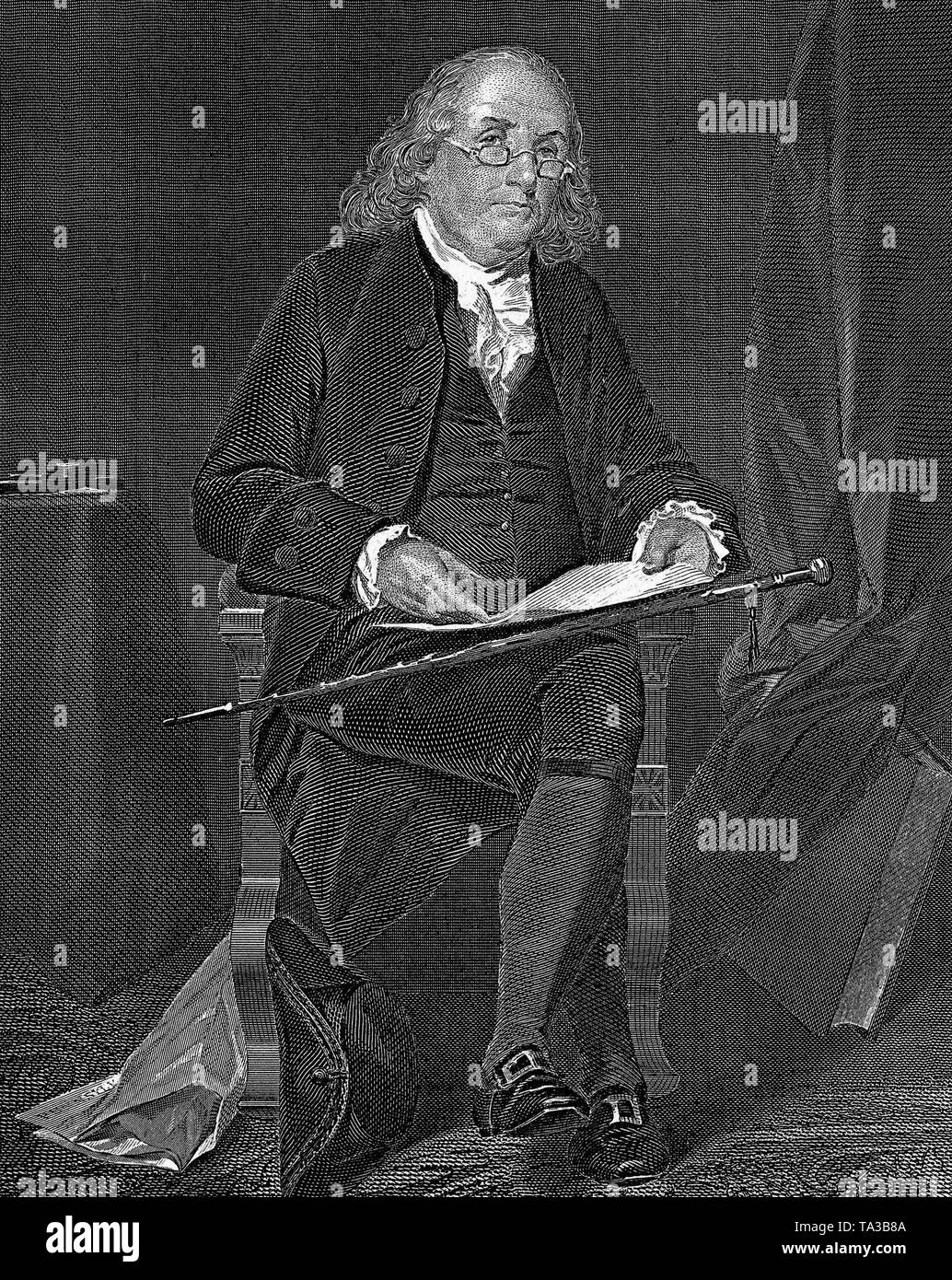 Benjamin Franklin (1706-1790), an American scientist, statesman and writer, when reading. Franklin is best known for his invention of the lightning rod. Stock Photo