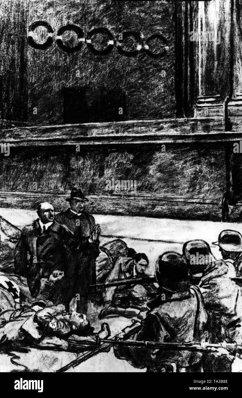 Drawing depicting the defeat of the Beer Hall Putsch at the Odeonsplatz in Munich. Right, the Bavarian state police, left the putschists. In the middle stand Erich Ludendorff (r.) and Julius Streicher (l.), who raises his hand to defend himself. Stock Photo
