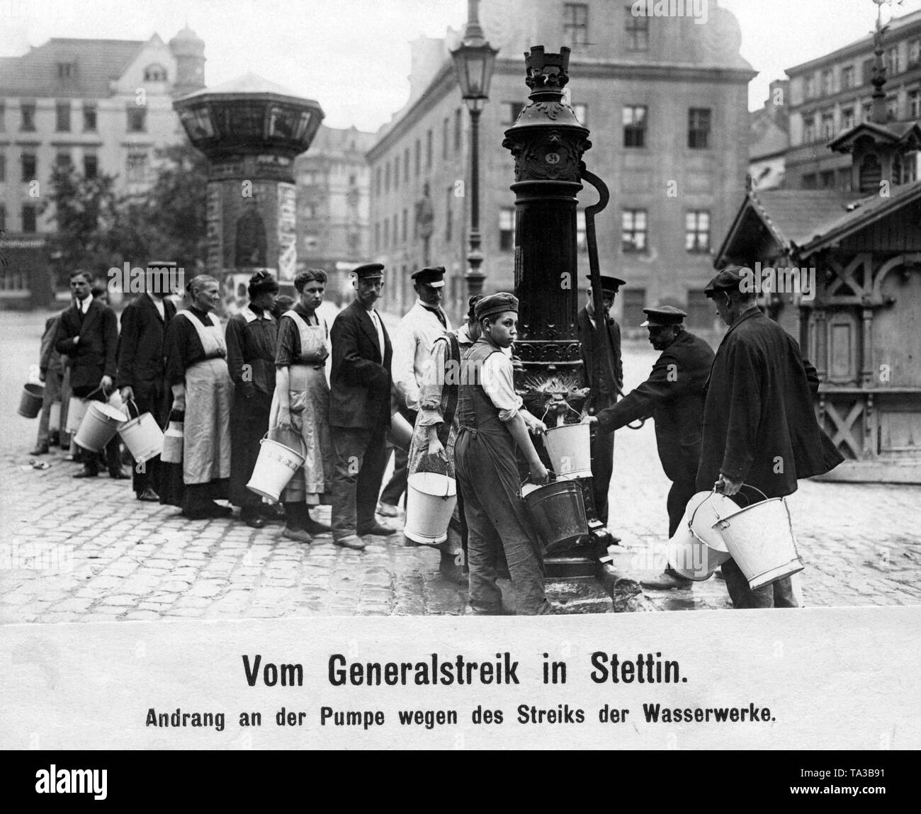When the employees and workers of the municipal waterworks were on strike, the entire water supply of the population collapsed .The inhabitants of Stettin had to resort to the wells from the pre-industrial era still existing in the urban area. Stock Photo