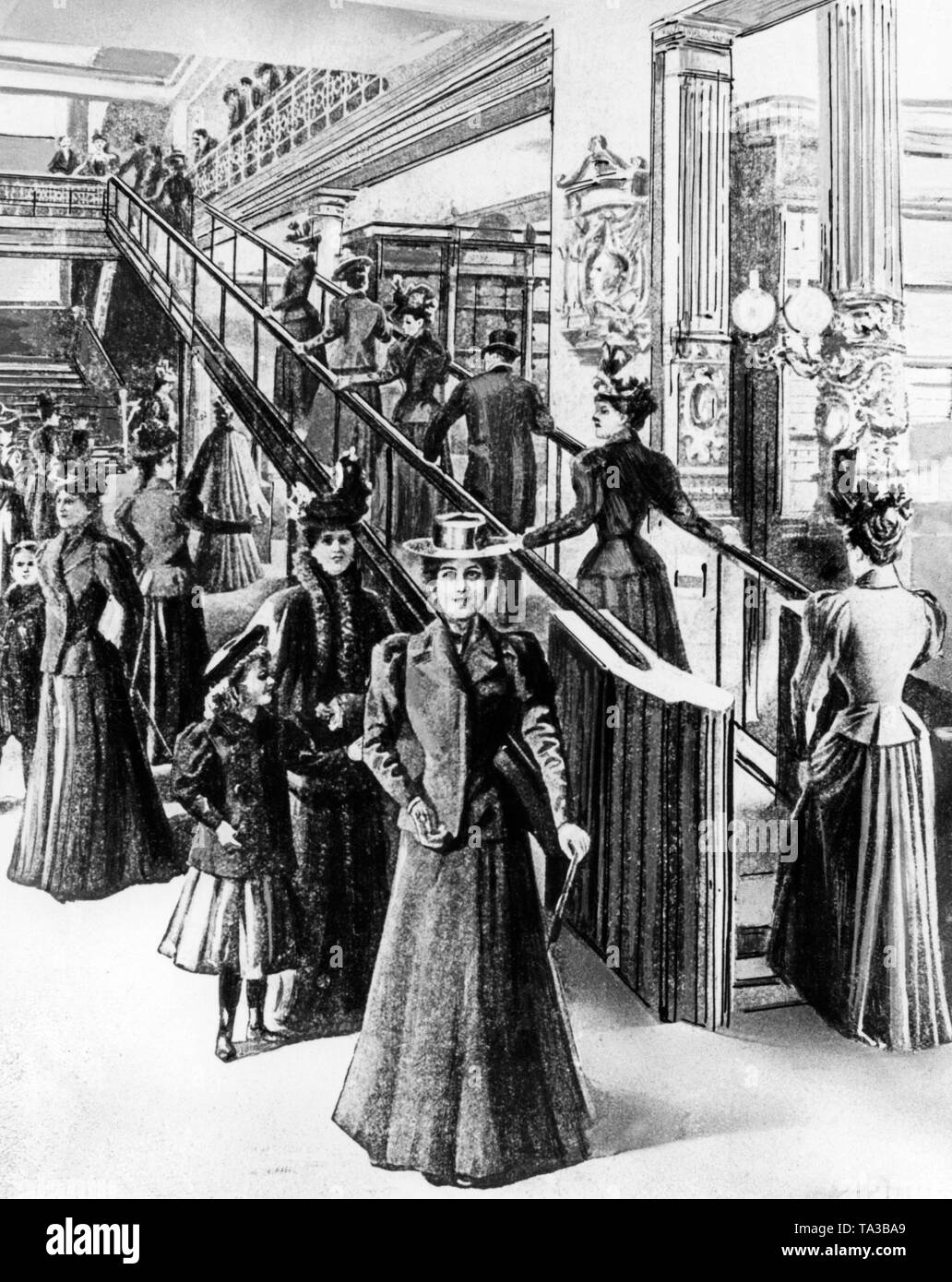 The contemporary drawing shows the first escalator in a Parisian department store. Stock Photo