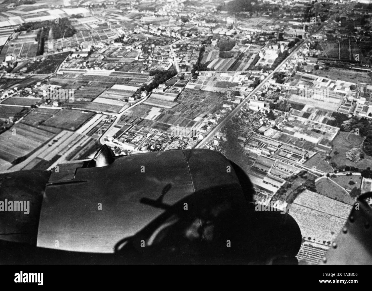 The fighter squadrons of the Luftwaffe support the infantry of the Wehrmacht on its advance in France by making a low-level flight. Stock Photo