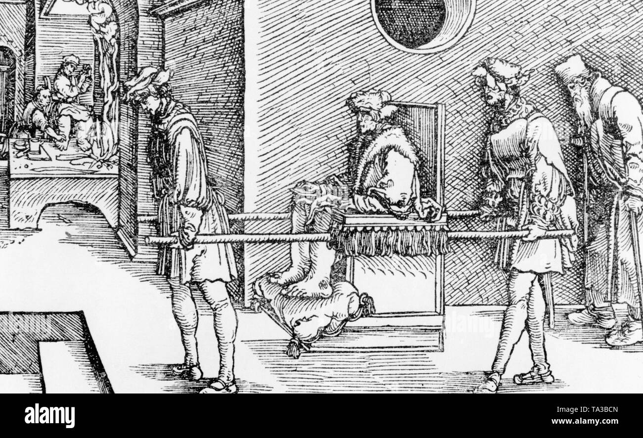 The drawing of Hans Burgkmair the Elder illustrates a gout sufferer, who is brought to a doctor. Undated photo, around 1510. Stock Photo
