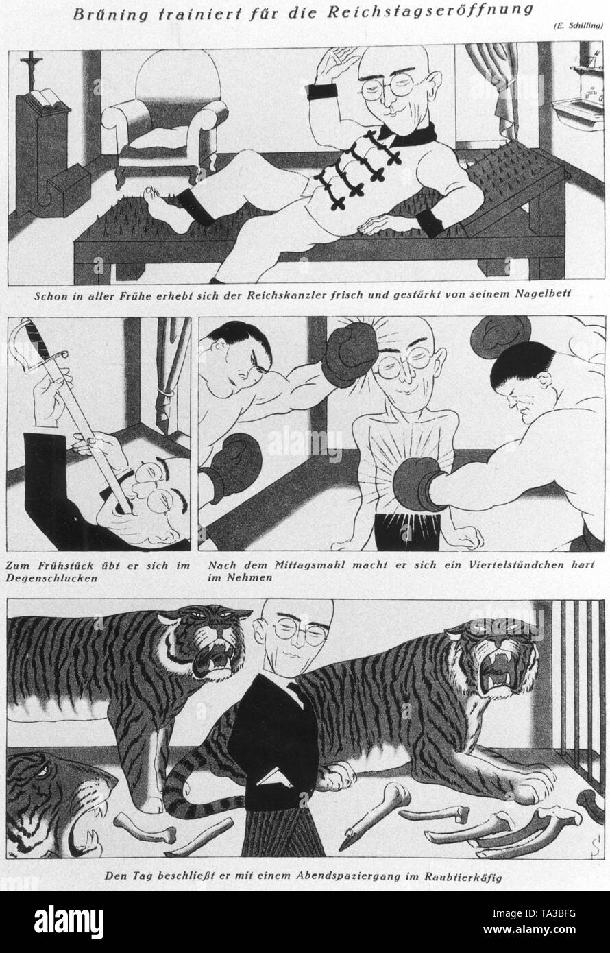 While awaiting the opening of the Reichstag, Heinrich Bruening trains himself by sleeping on a nail bed, swallowing swords, being beaten by boxers and walking in a tiger cage. With this caricature the Simplicissimus alludes to the Chancellor's problems with the Parliament, in which Bruening has no majority. Stock Photo