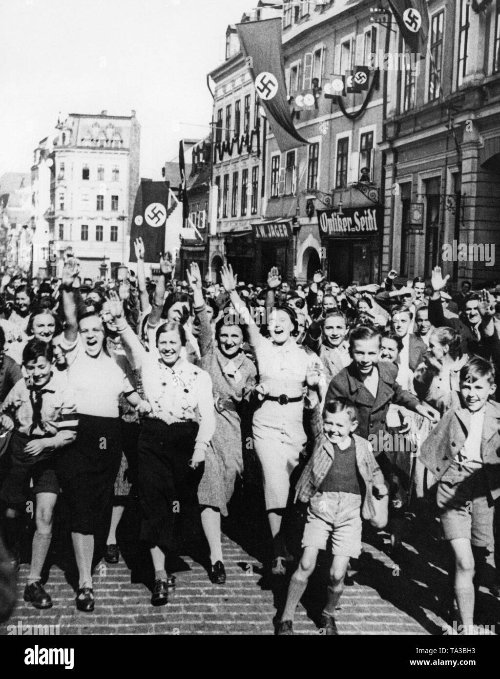 Jubilant children and adolescents after the withdrawal of the Czech army from As on October 4, 1938. Stock Photo