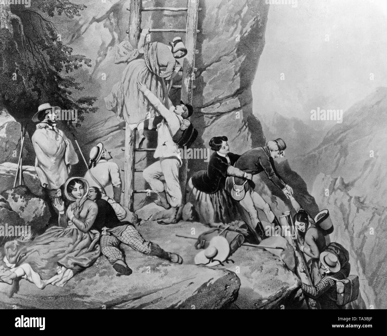 The picture shows an Alpine trip after a drawing by Eugene von Guerard. The hikers climb the mountain. Stock Photo