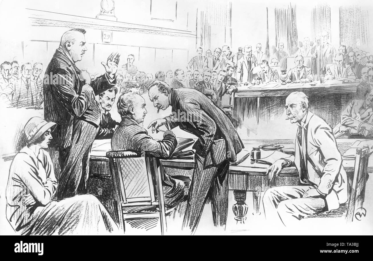 This image of the drawer A. Wald shows the interrogation of the Social Democratic leaders before the investigation committee in the Prussian Landtag in Berlin. The Prussian SPD government was accused of having allowed irregularities while being in charge with the supervision of the Prussian State Bank. The people in the foreground are Miss Rosenheim, secretary of the Prussian Minister of the Interior, the former Social Democratic Chancellor Gustav Bauer, behind the Saxon representative of the SPD in Berlin Gradmann, the Prussian Minister of the Interior Carl Severing, the Prussian SPD deputy Stock Photo