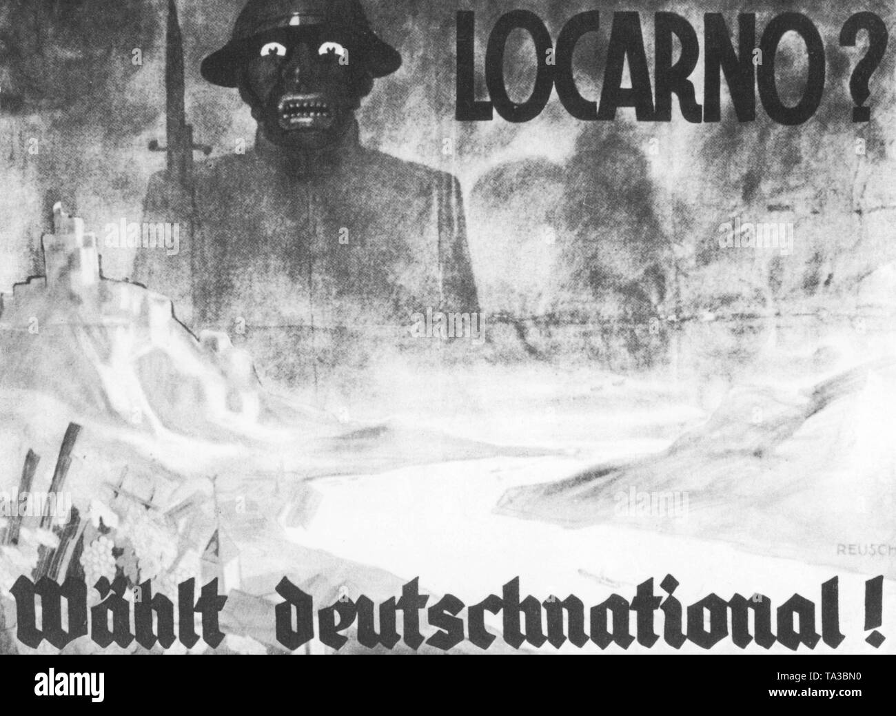 The election campaign of the DNVP (German National People's Party) for the Reichstag election in 1928, set the mood against the Treaty of Locarno, which envisaged a foreign-policy rapprochement between Germany and France. The picture shows a smiling black French soldier, who threatens the German Rhine, its castles and vineyards with a fixed bayonet. Stock Photo