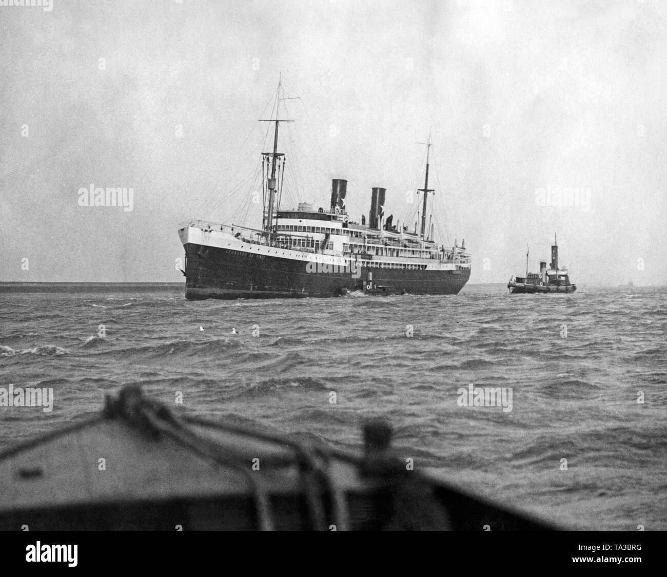 The passenger steamer 'Leonardo da Vinci' on the way from Genoa to London. On board the ship were paintings for an exhibition in England. Stock Photo