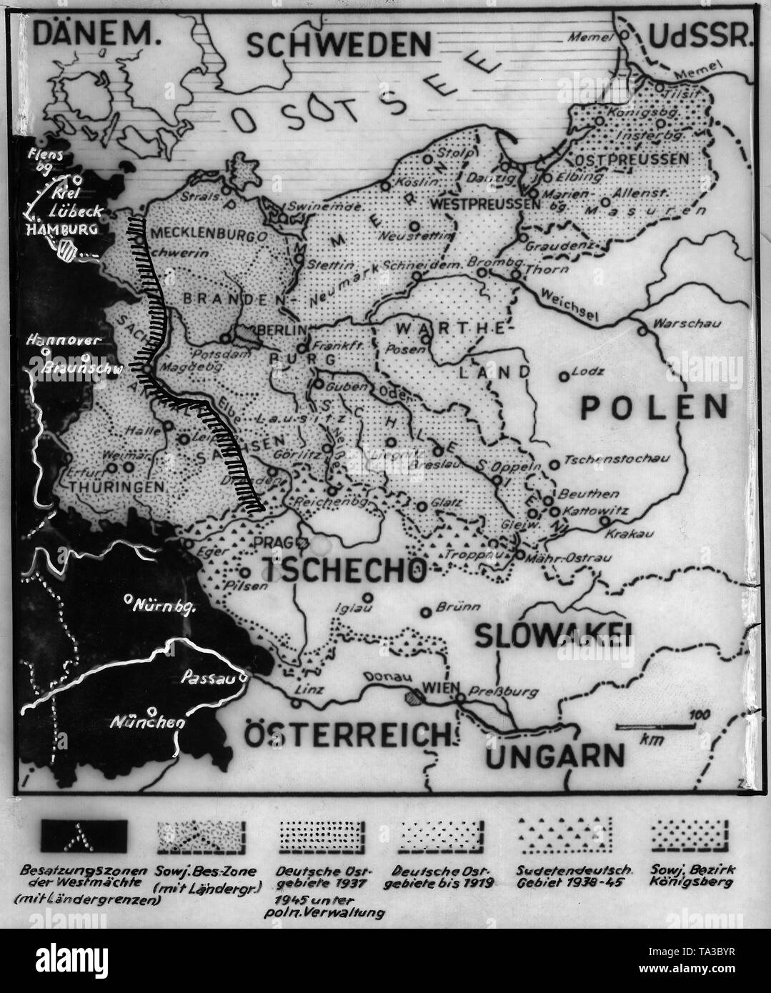 Map of Allied Occupation Zones and the territorial losses in East Prussia Stock Photo
