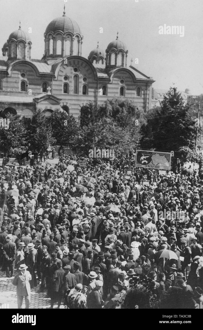 The photo shows protesting irredentist for the liberation of Macedonia before the Cathedral in Sofia after the coup against the government of Aleksandar Stamboliyski. Stock Photo