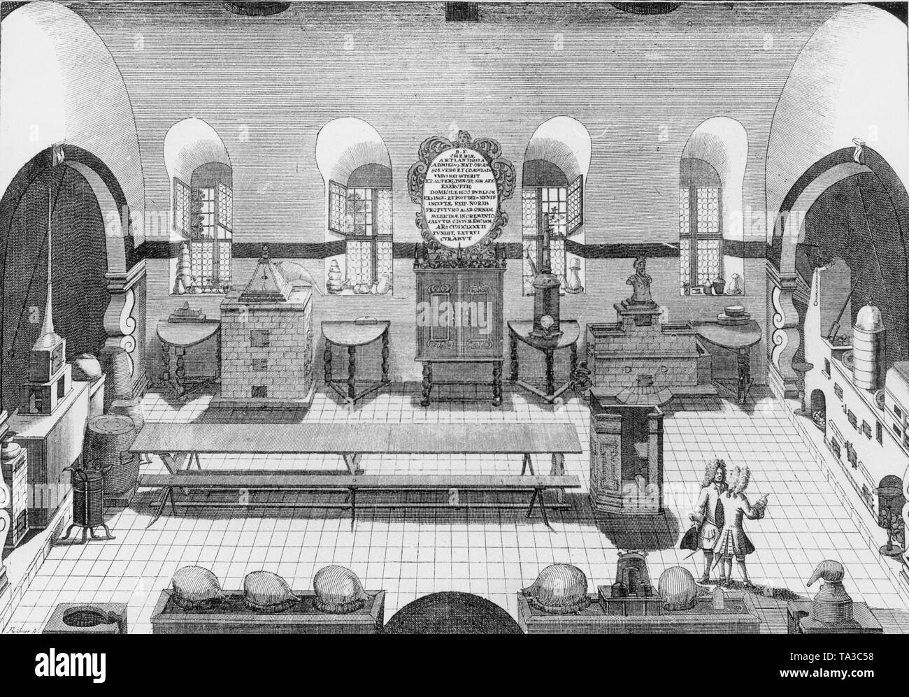 Chemical Laboratory of the University of Altdorf, engraving from 1770 Stock Photo