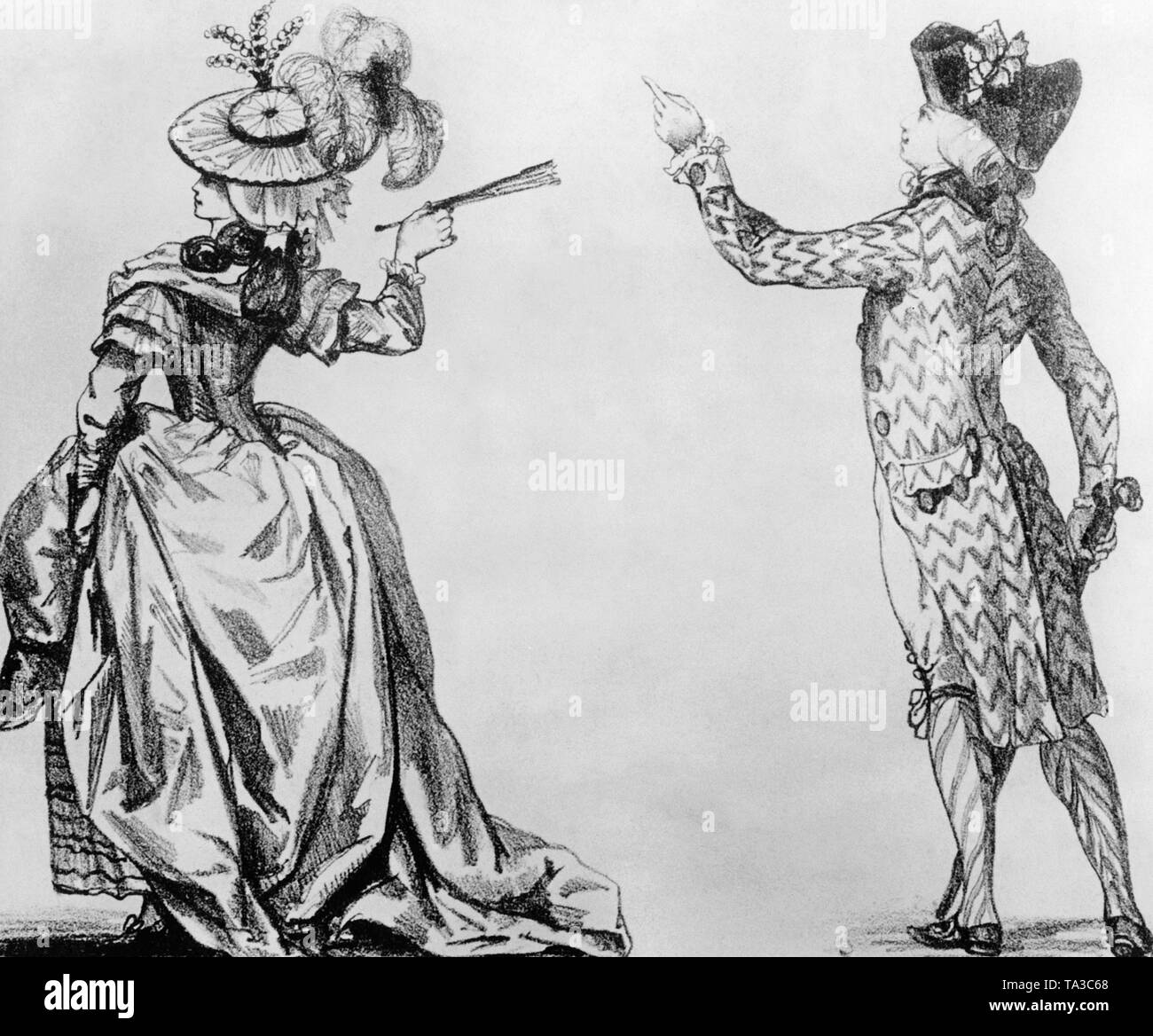 Illustration of women's and men's fashion around 1790. They both wear hats. Stock Photo