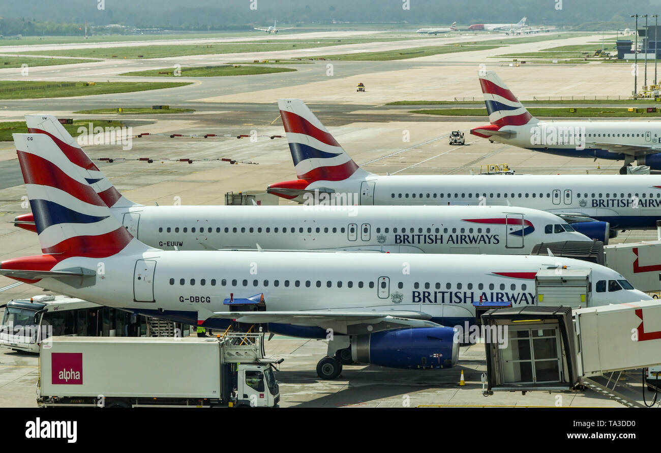 LONDON GATWICK AIRPORT, ENGLAND APRIL 2019 Four British Airways jets