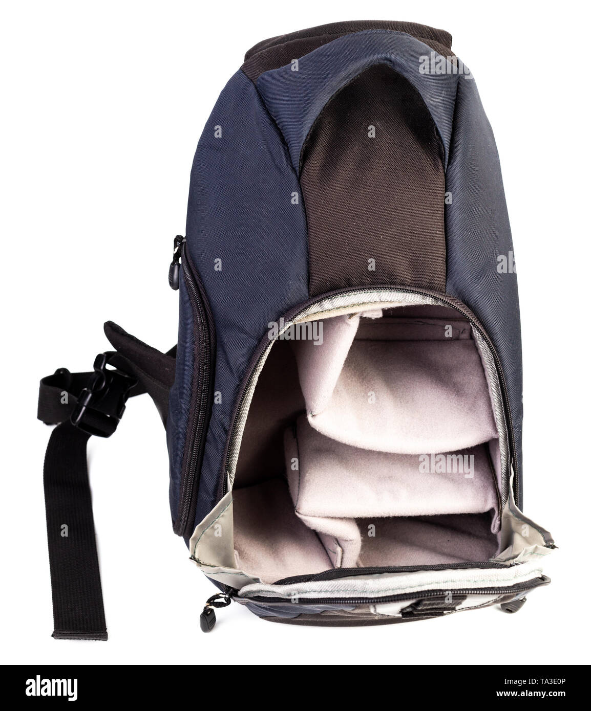 Used black and blue fabric camera bag isolated on white background ...