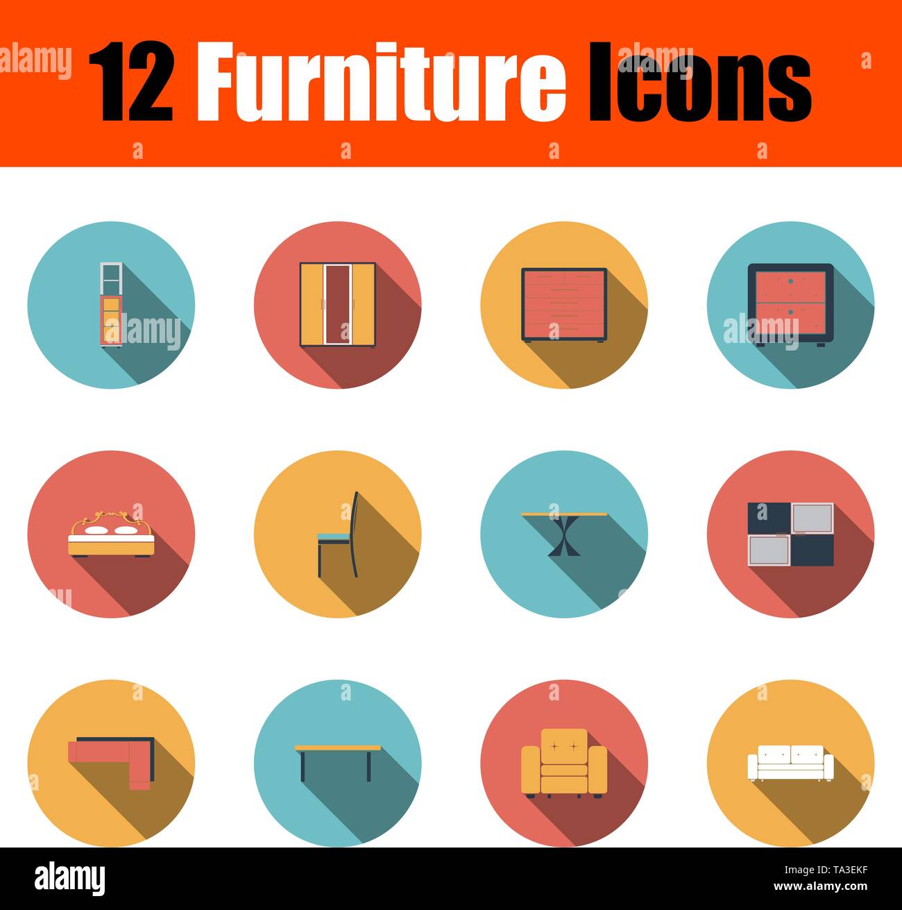 Furniture Icon Set. Flat Design With Long Shadow. Vector illustration. Stock Vector