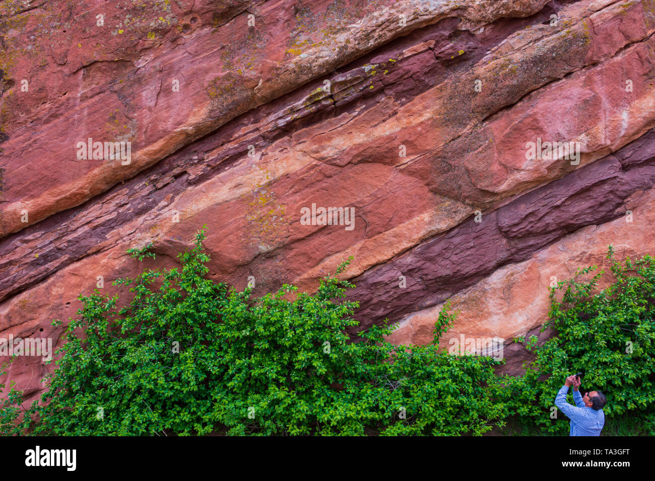 A tourist at Red Rocks Amphitheater in Morrison Colorado stops to take a picture of the colorful rock formations. Photo was taken in May. Stock Photo