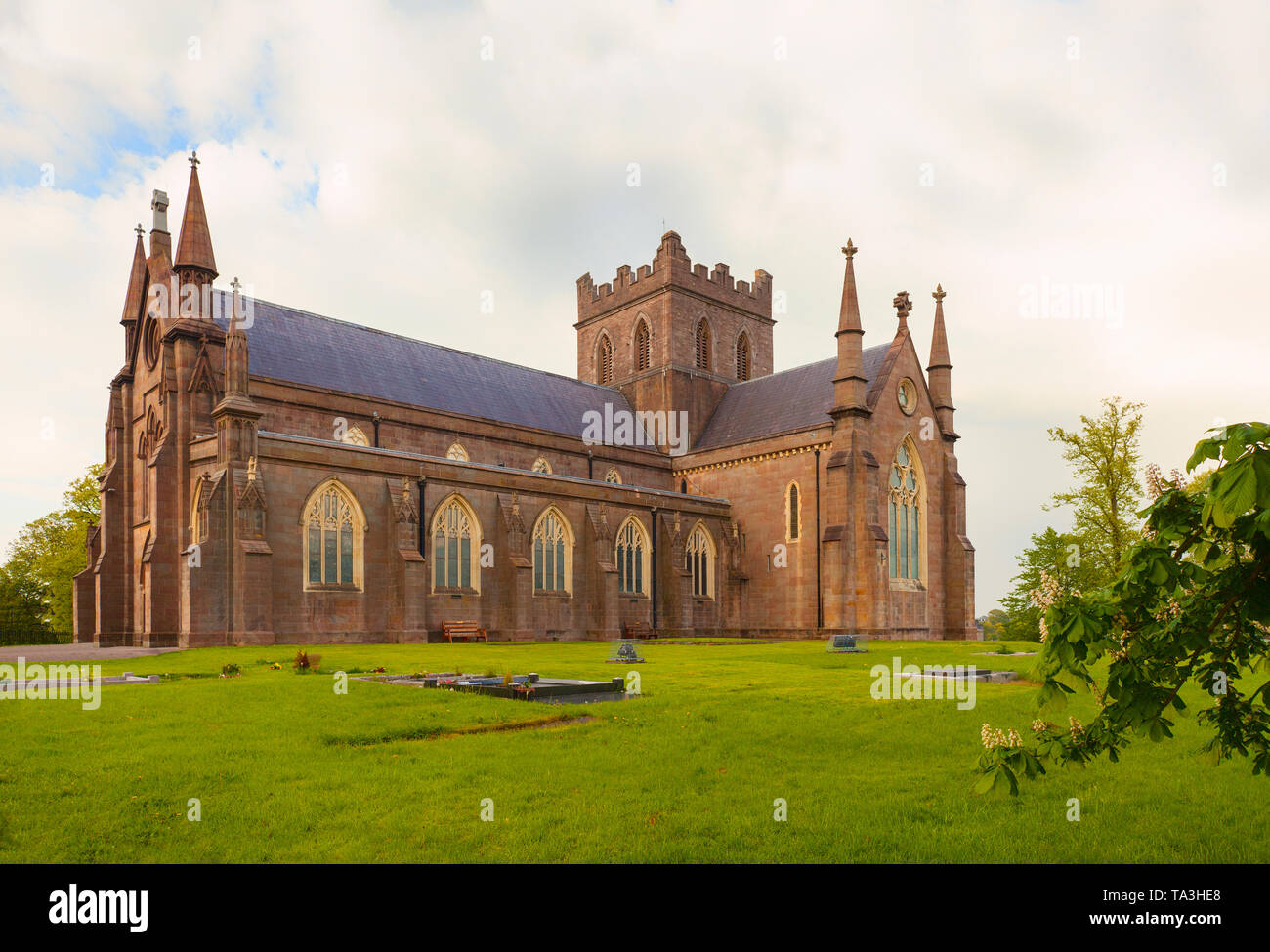 The south side of St Patrick's Cathedral in the city of Armagh, County Armagh, Ulster, Northern Ireland is the seat of the Archbishop of Armagh in the Stock Photo