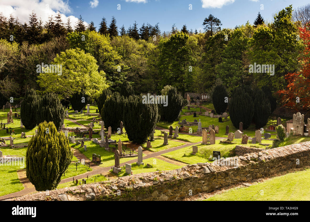 The wooded churchyard/burial ground of Hillsborough Parish Church, completed in 1772, County Down, Ulster, Northern Ireland Stock Photo