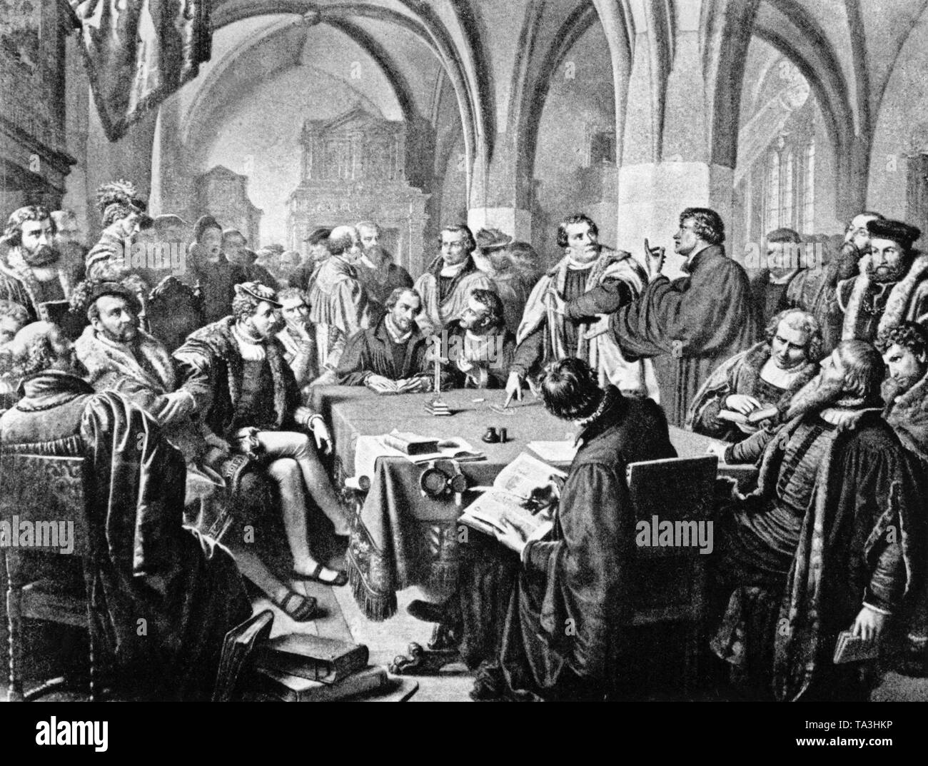 Martin Luther and Ulrich Zwingli in Marburg during the Marburg Colloquy, 1529 (undated photo). Stock Photo