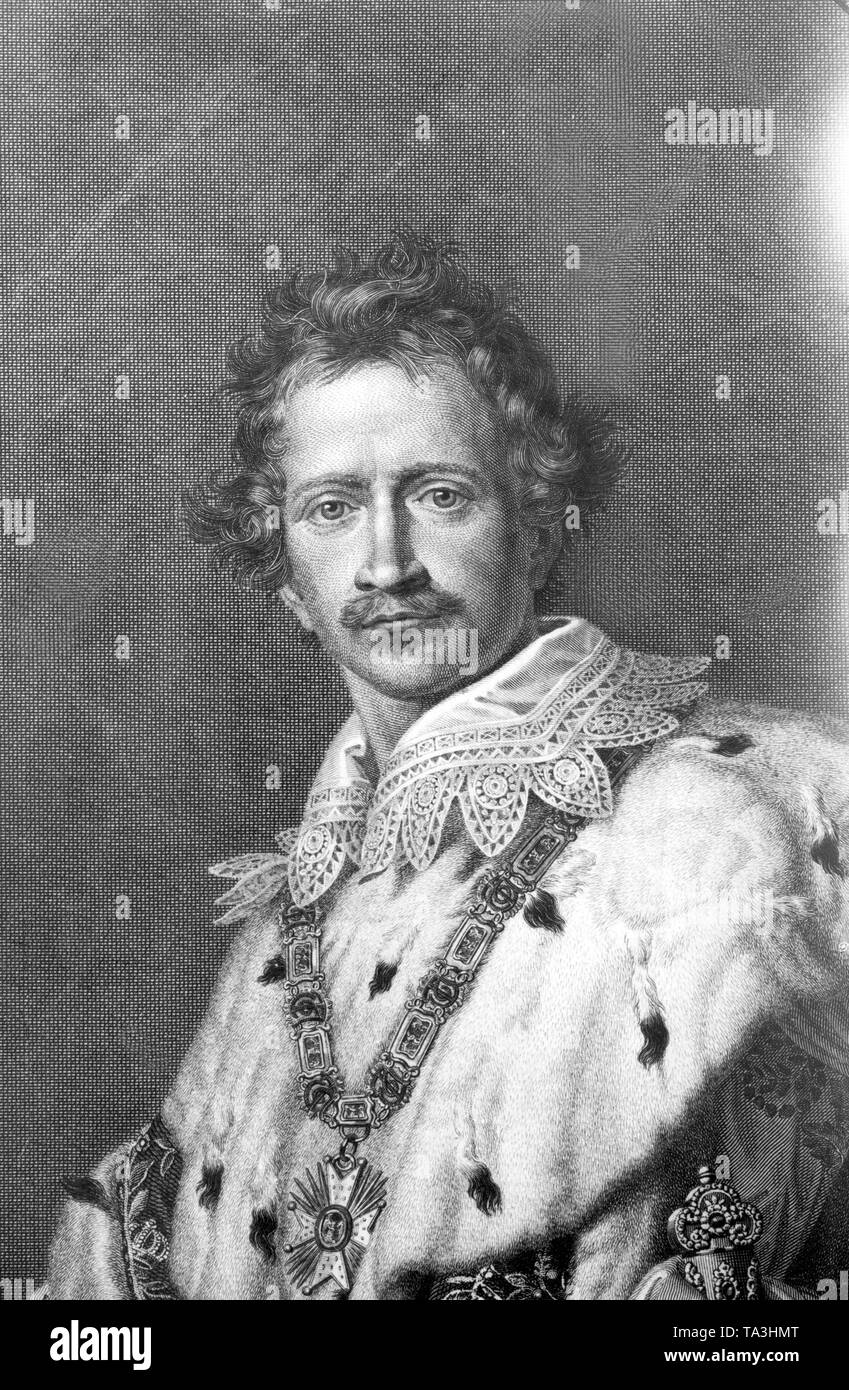 This is a portrait of King Ludwig I of Bavaria. King Ludwig I wears the Order of St. Hubert, the house order of the Wittelsbach, one of the four royal Bavarian orders. On the front is shown the story of the conversion of Saint Hubert. Beside Ludwig I, Maximilian I Joseph, Maximilian II Joseph, Prince Regent Luitpold and King Ludwig III, were also members of the order. After the revolution of July 1830 in Paris, King Louis I conducted a reactionary, restrictive policy, he reinstated the censorship and eliminated the freedom of the press.Undated painting, probably made in the 1820s. Stock Photo