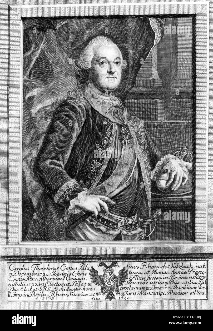 This painting is a portrait of Charles Theodore, Elector of Bavaria and Count Palatine. He was devoted to music and arts. In 1781 he favored the premiere of Mozart's 'Idomeneo' in Munich. Under his reign, there were enormous cultural, economic and infrastructural developments in southern Germany. Stock Photo