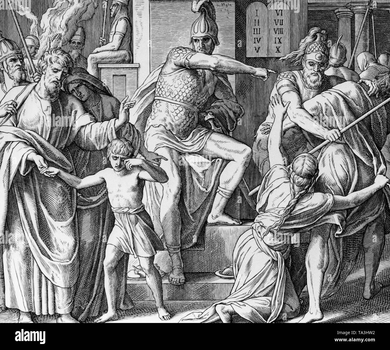 Wood engraving 'Antiochus persecutes the Israelites', depiction from the First Book of the Maccabees by Julius Schnorr von Carolsfeld (1794-1872) from the series 'Bible in Pictures' from the 1850s. Stock Photo