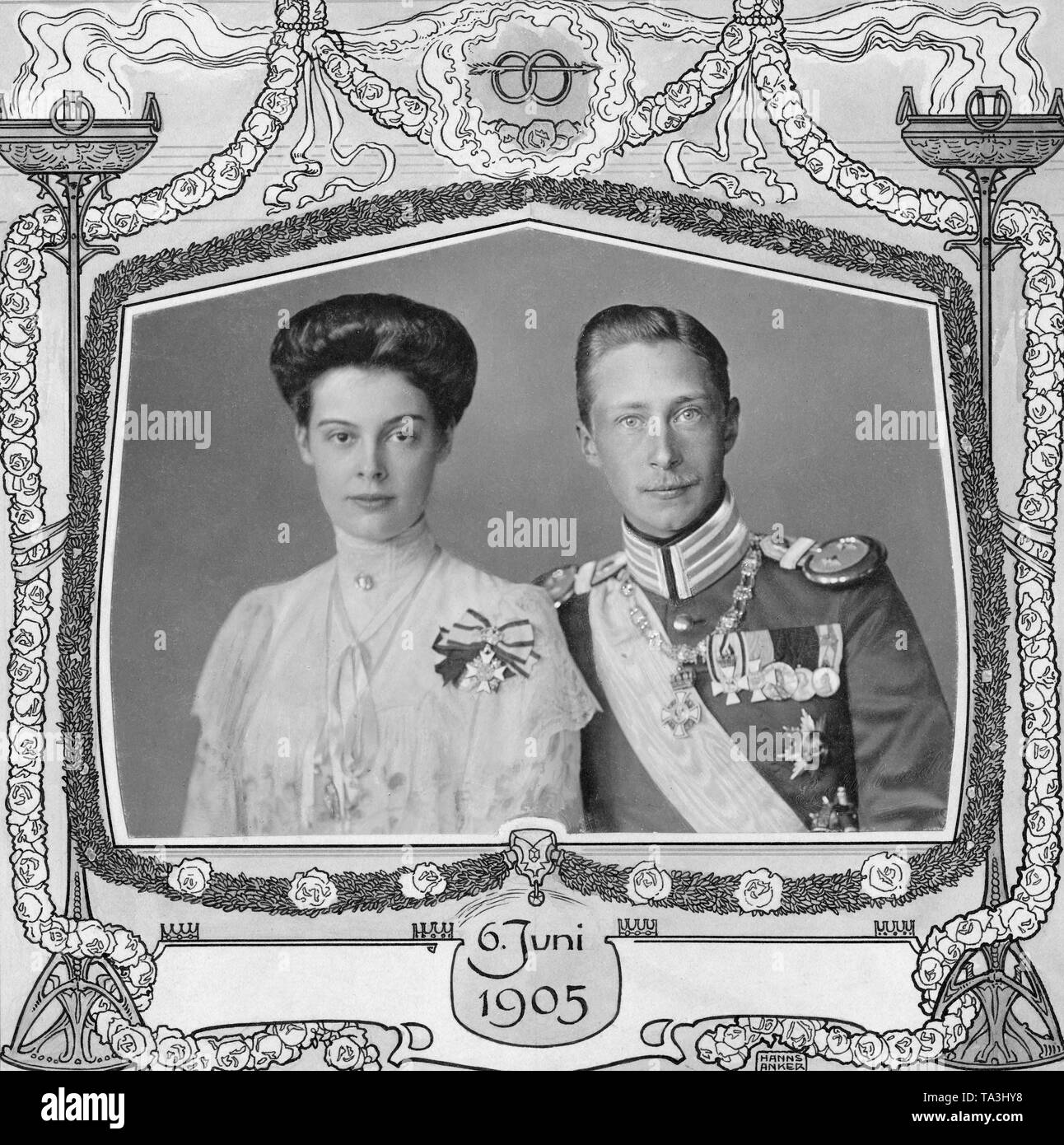 Crown Prince Wilhelm of Prussia together with his fiancee Duchess Cecilie von Mecklenburg. The picture was made on the occasion of the wedding of the crown prince couple. Stock Photo