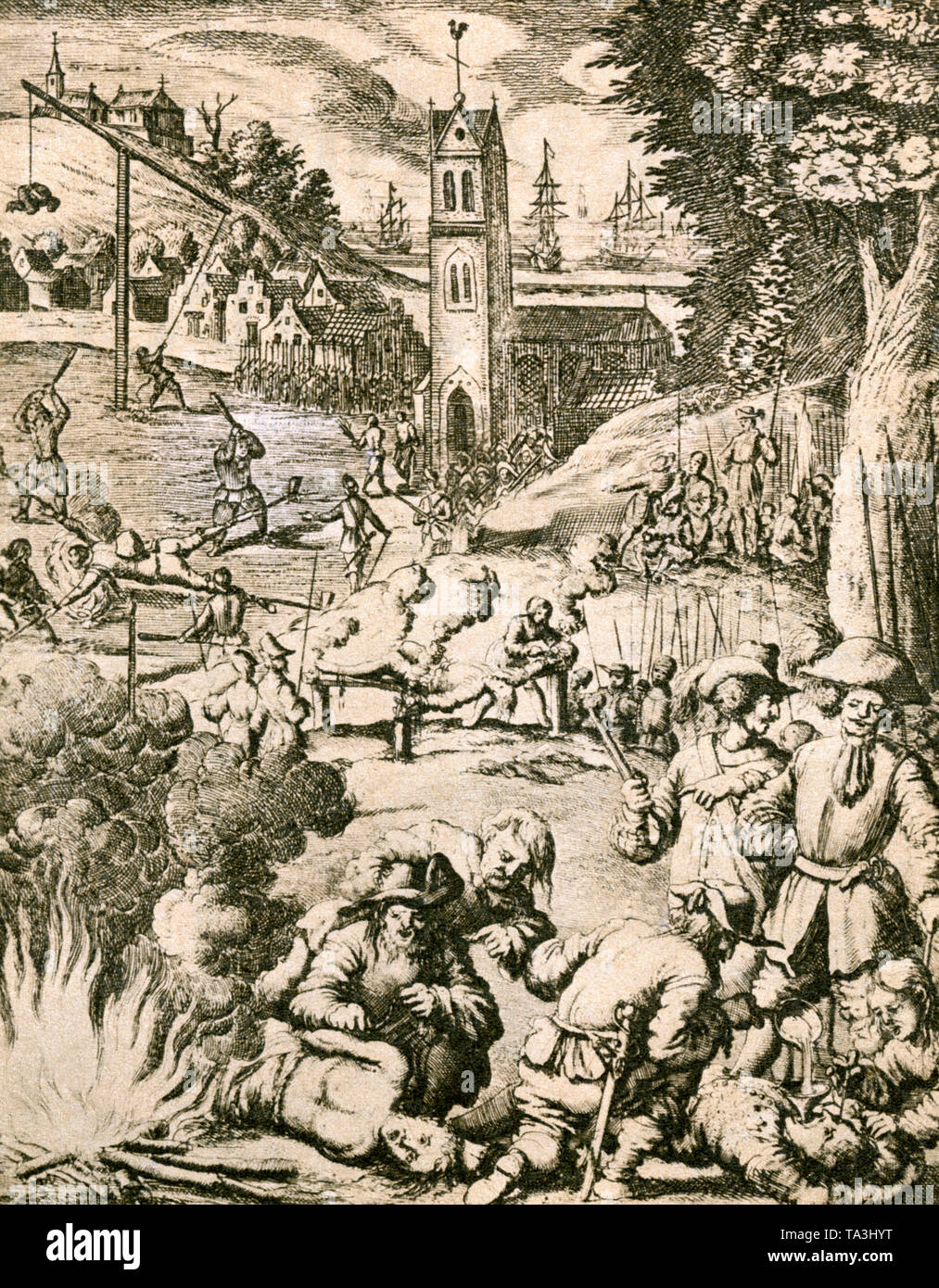 The contemporary engraving shows the atrocities committed by the Swedish soldiers during the Thirty Years' War in Germany. In the foreground on the right is a representation of the so-called 'Schwedentrunk', with the help of a funnel pushed into the mouth, so much liquid was forcibly poured into the victim's mouth until his intestines burst. Stock Photo