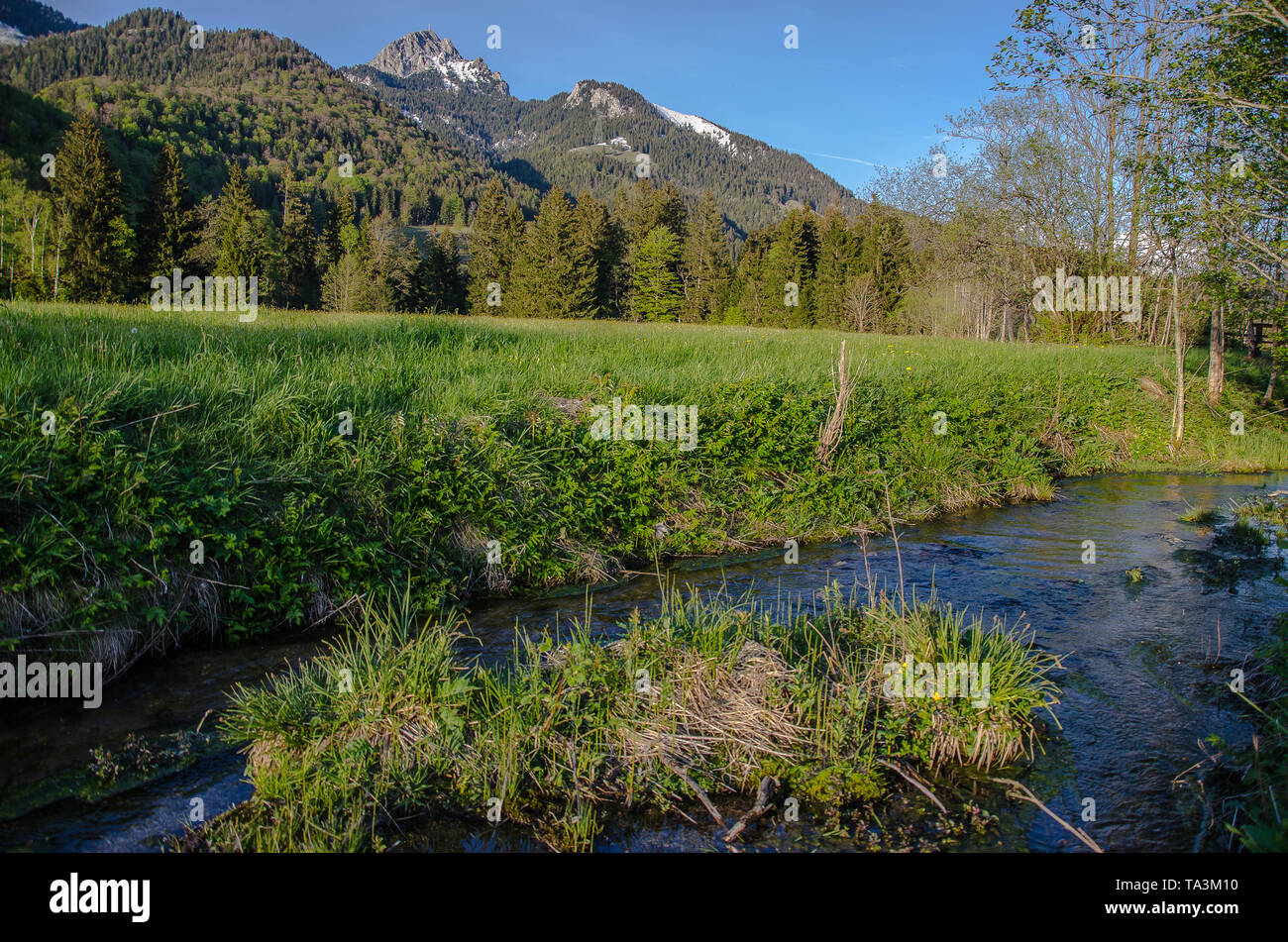 Wendelstein is a 1,838-metre-high (6,030 ft) mountain in the Bavarian Alps in South Germany. It is part of the Mangfall Mountains. Stock Photo