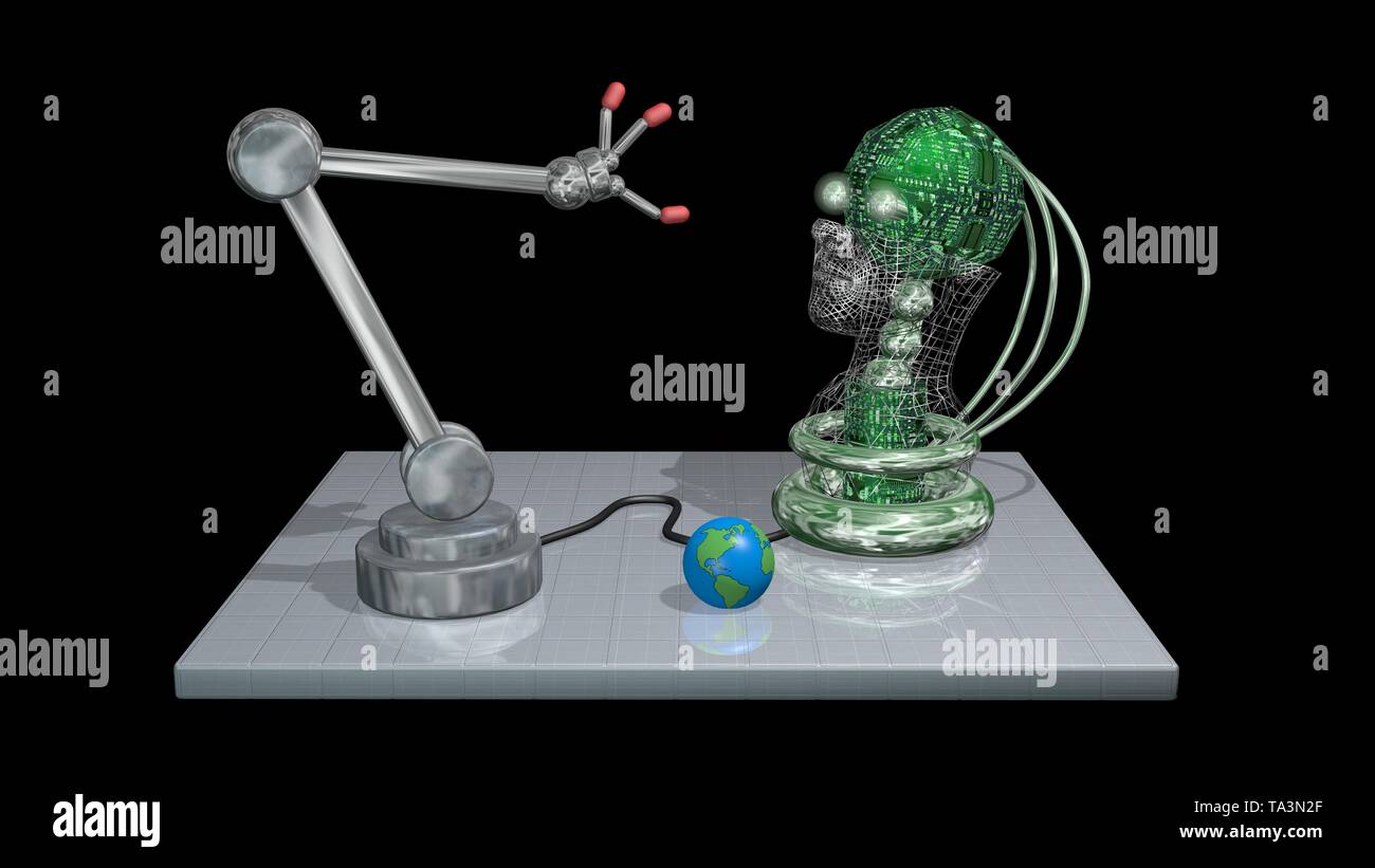 Robot arm picks up ball, Earth globe, examines it with AI head, eyes. 3d rendering Stock Photo