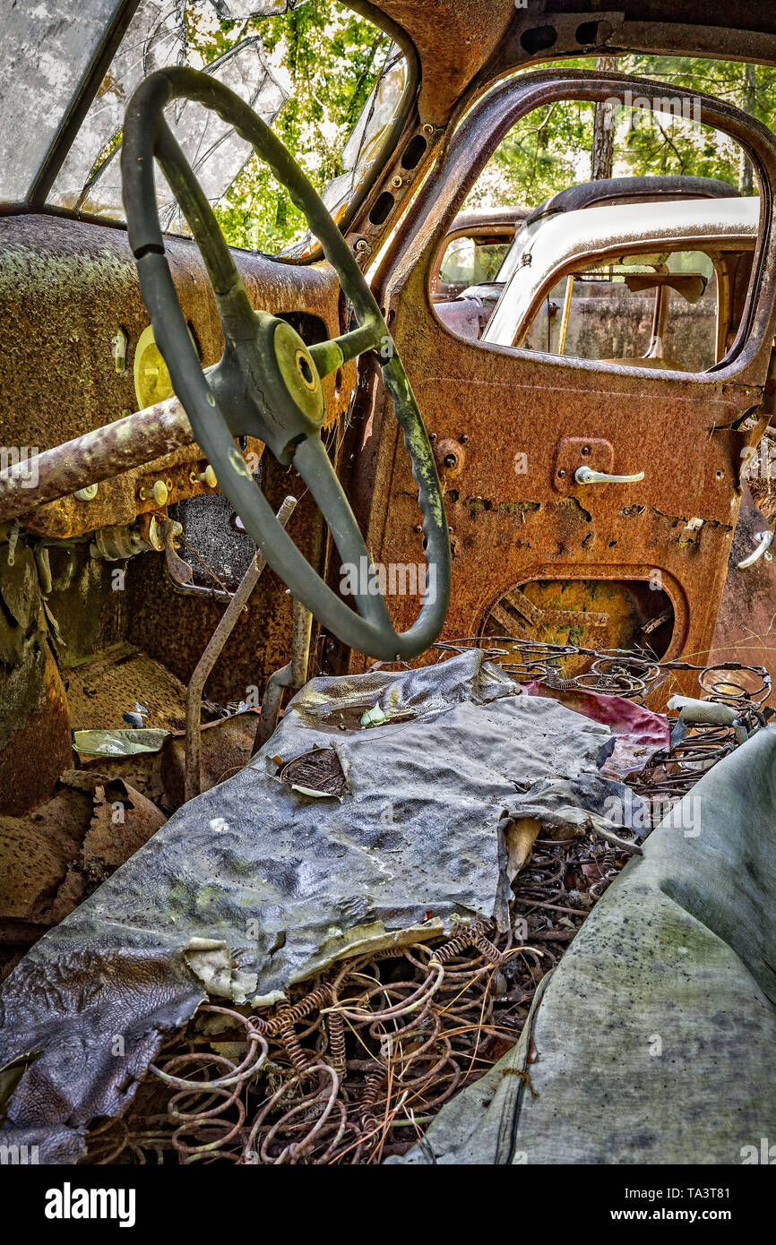 Interior Of Rusty Old Truck Front Seat Stock Photo
