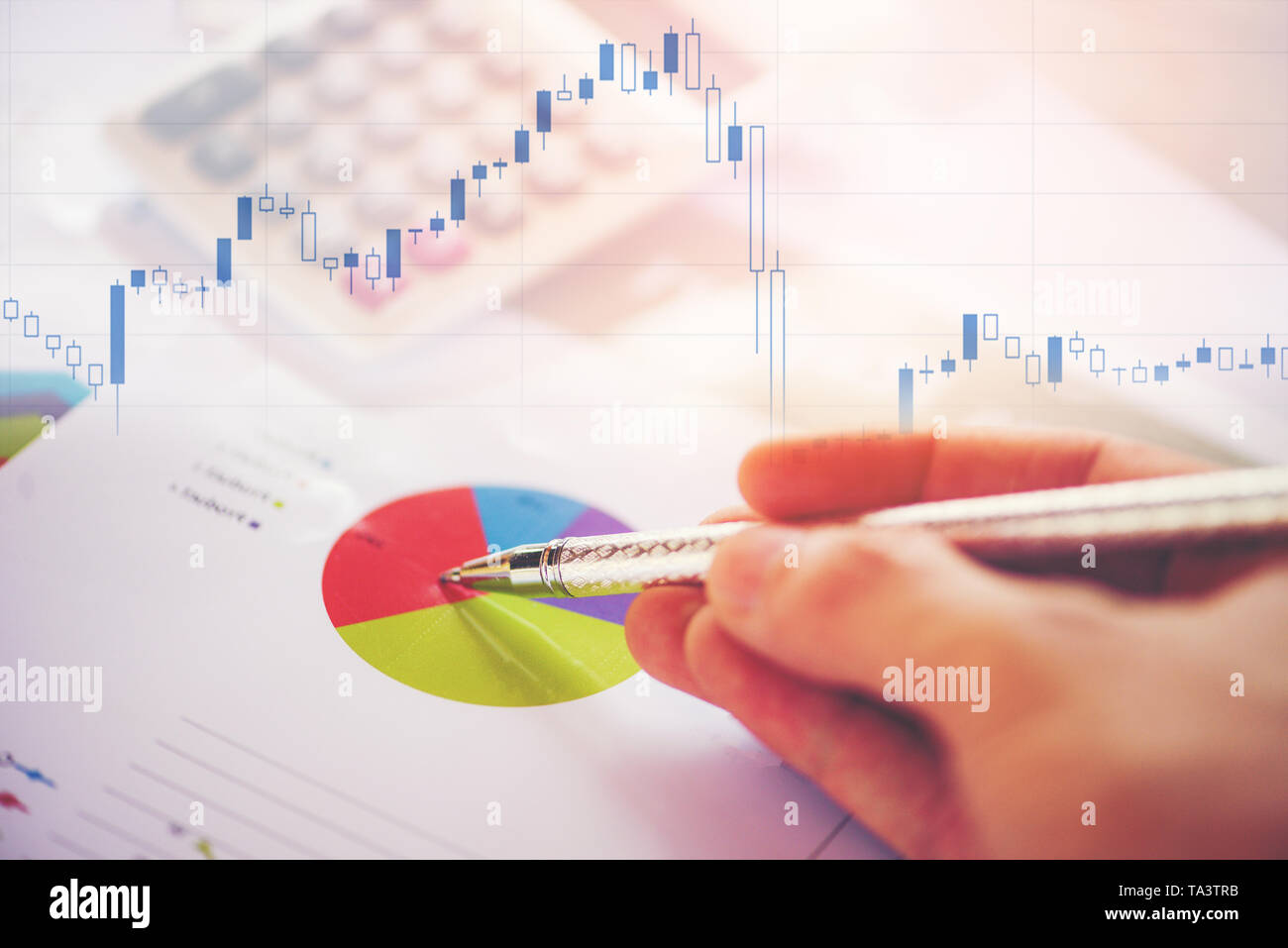 Business report chart preparing graphs calculator stock graphs and