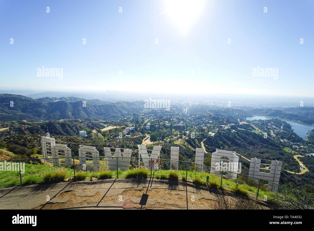 The scenic view of Los Angeles from behind the Hollywood Sign Stock Photo