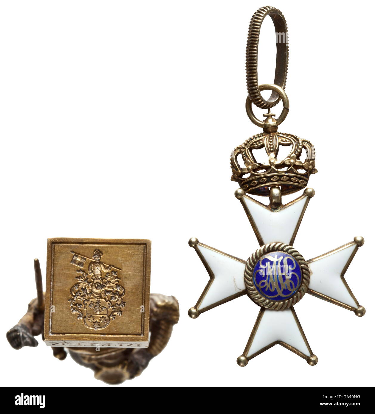Maximilian Ritter von Pohl (1893 - 1951) - a seal, Military Order of Max Joseph, documents, insignia Seal in the shape of a standing bronze knight, an aristocratic coat of arms finely engraved on the seal surface, the rectangular base with engraved circumscription 'Max Ritter von Pohl', Height 83 mm. Military Order of Max Joseph, Knight's Cross, silver-plated gold, later second piece, presumably from the 1930s/40s, with ribbon section. Award document for the Bavarian Military Merit Order 4th Class with Crown and Swords, 3 July 1919, issued 22 August 1919. Furthermore, numer, Editorial-Use-Only Stock Photo