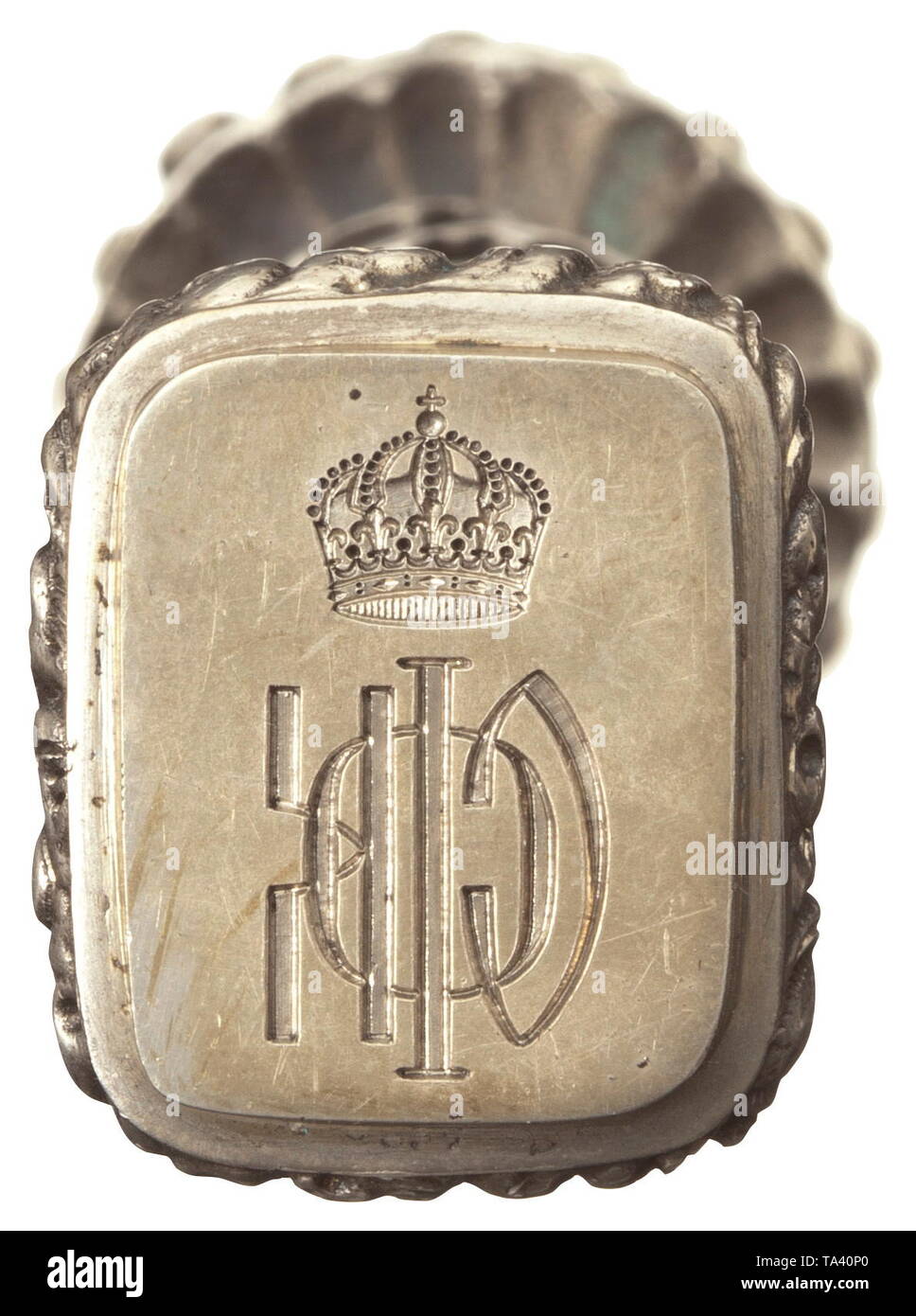 Tsar Ferdinand I of Bulgaria (1861 - 1948) - personal seal Silver, spirally twisted grip richly embellished with relief ornaments, in the rectangular seal matrix with the tsar's Cyrillic monogram, height 95 mm, weight 88 g. With two large cabinet photos of the tsar by Koller in Sophia, wedding photo with Princess Eleonore, two cabinet photos of Prince Alexander von Backofen in Darmstadt, one large photo of Prince Kyrill with handwritten signature 1920, photo of King Boris 1935, picture postcard to Prince Ludwig of Saxony-Coburg 1916, handwritten , Additional-Rights-Clearance-Info-Not-Available Stock Photo