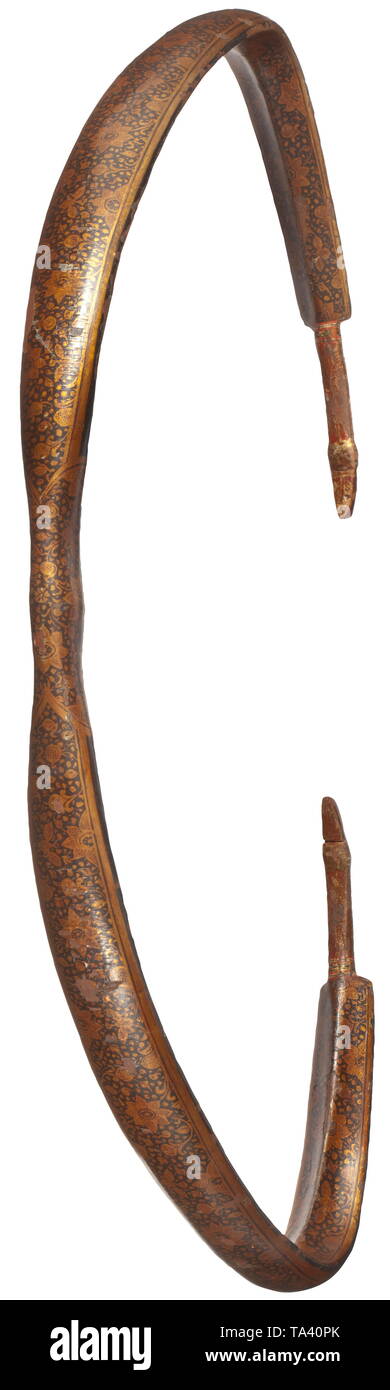 An Indo-Persian painted composite bow, 18th/19th century Pronounced negatively curved bow of horn and sinew glued together, entirely covered on both sides with copper-coloured painting on a black background. Inset wooden sinew nocks. The bow in good condition, paint shows minimal chipping. Width 59 cm. historic, historical, 19th century, 18th century, Additional-Rights-Clearance-Info-Not-Available Stock Photo