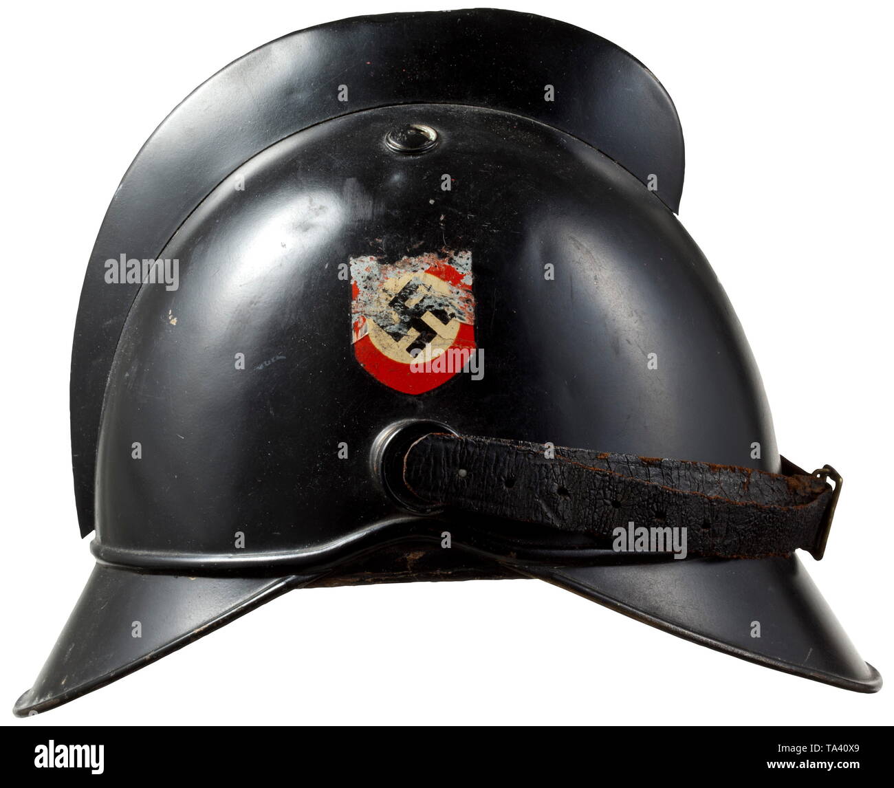 A helmet for members of the fire brigade adapted from a fire fighter helmet of the 19th century historic, historical, State, state-controled, state-run, organisations, organizations, organization, organisation, object, objects, stills, clipping, clippings, cut out, cut-out, cut-outs, utensil, piece of equipment, utensils, Additional-Rights-Clearance-Info-Not-Available Stock Photo