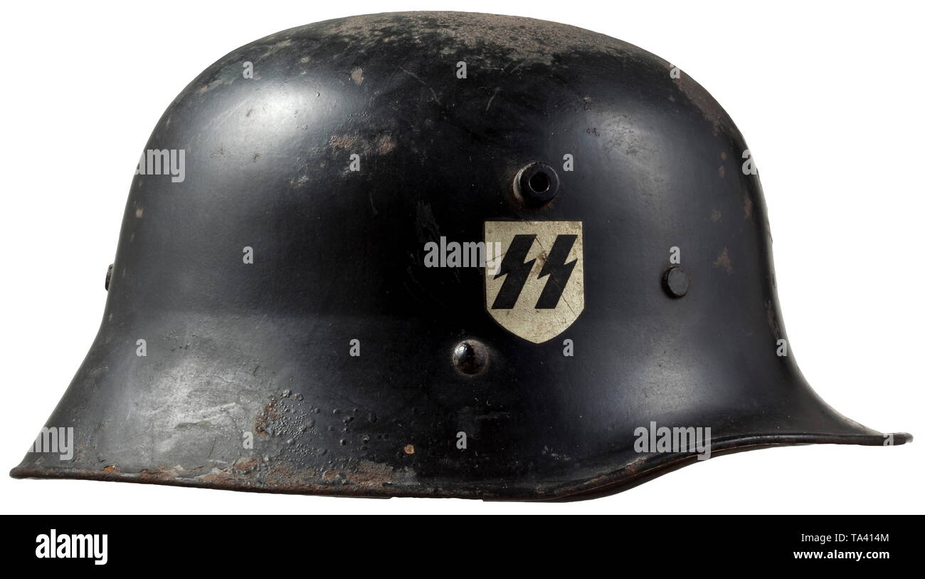 A steel helmet M 18 for members of the Allgemeine-SS Iron skull painted  black (inside rust film in places, small dent) with on-top ventilation  studs, inside maker's stamp "BP 64" and bear