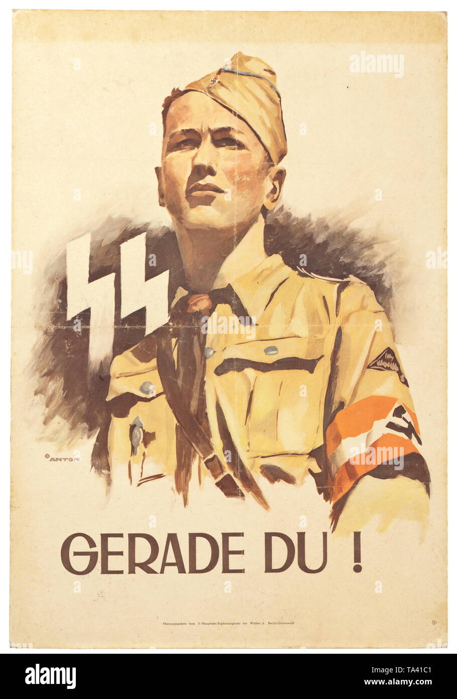 A poster advertising the Waffen-SS 'Gerade Du!' design by Ottomar Anton (1895 - 1976) historic, historical, 20th century, 1930s, 1940s, Waffen-SS, armed division of the SS, armed service, armed services, NS, National Socialism, Nazism, Third Reich, German Reich, Germany, military, militaria, utensil, piece of equipment, utensils, object, objects, stills, clipping, clippings, cut out, cut-out, cut-outs, fascism, fascistic, National Socialist, Nazi, Nazi period, Editorial-Use-Only Stock Photo