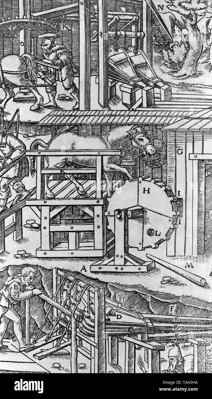 Presentation of forging and smelting works in the book 'De re metallica' by Georgius Agricola from 1556. Stock Photo