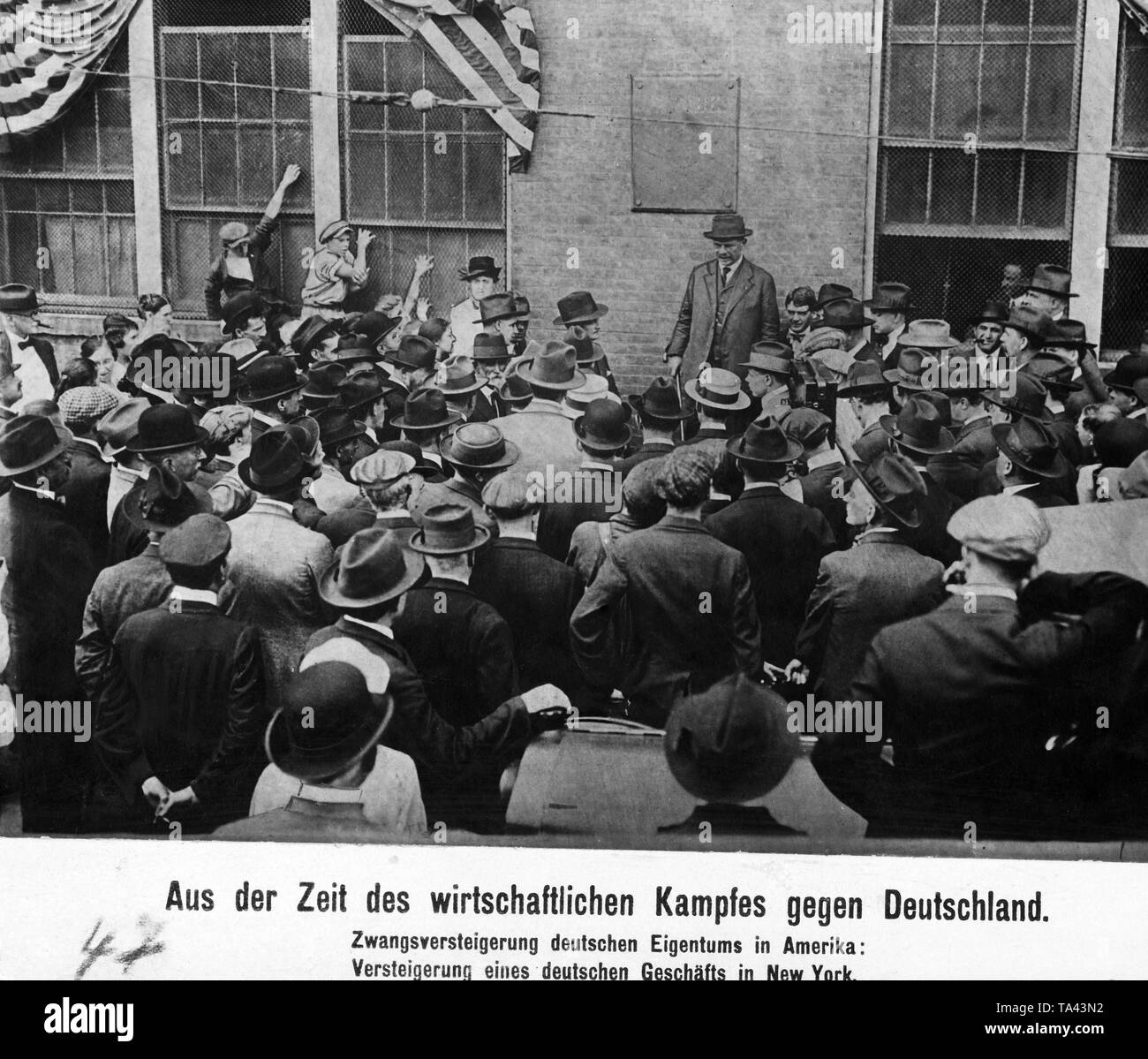 After the United States entered the war, the business of a German-born American is auctioned in New York. Stock Photo