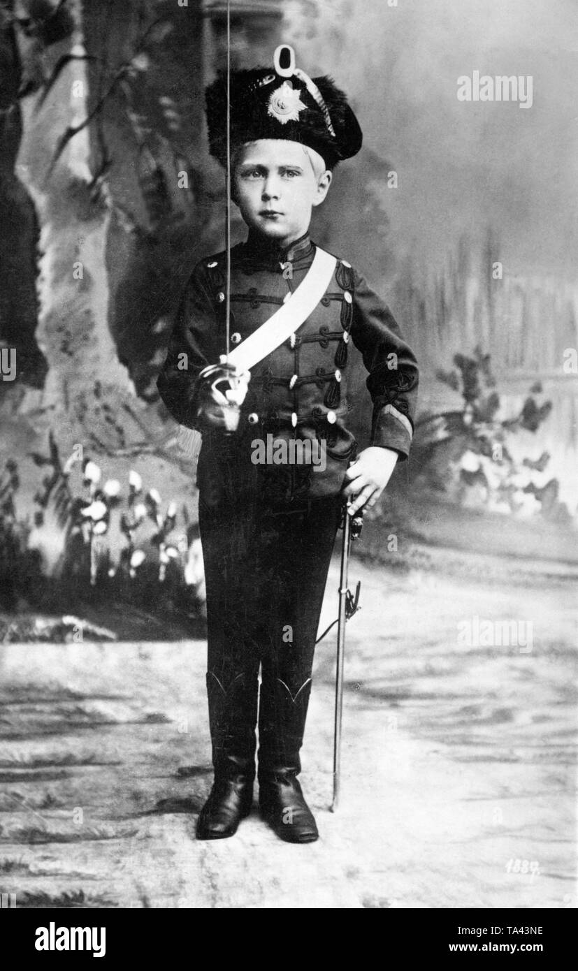 Crown Prince Wilhelm in a hussar uniform with saber. Stock Photo