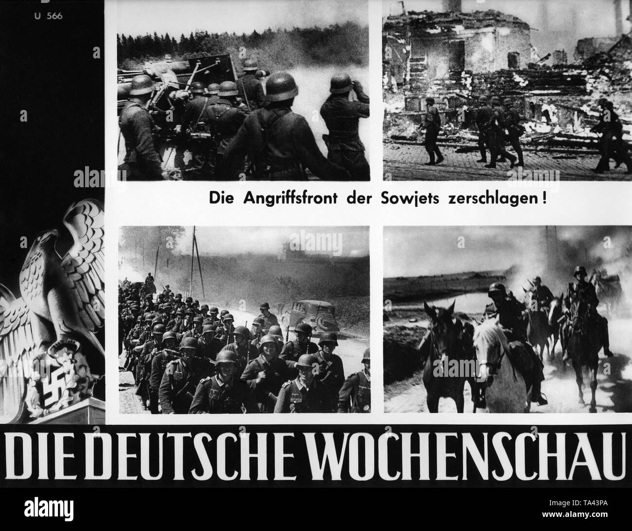 Pictures of the Deutsche Wochenschau at the beginning of the Russian campaign: German 8.8-cm Flak 18/36/37 in ground combat (left above), German infantry in a burning village (right above), German infantry on the march (left below), German cavalry on the march (right below). Stock Photo