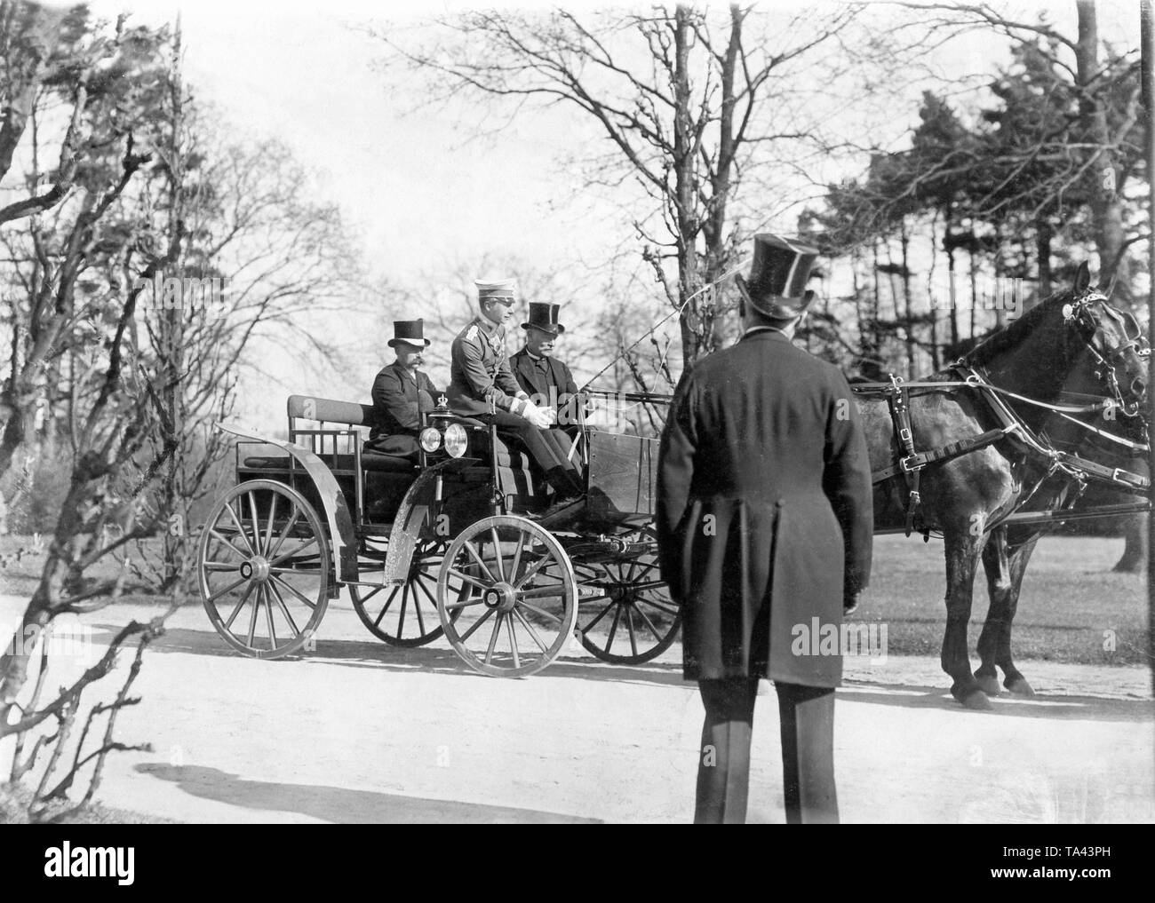 Crown Prince Wilhelm on a test drive with his new coach. Stock Photo