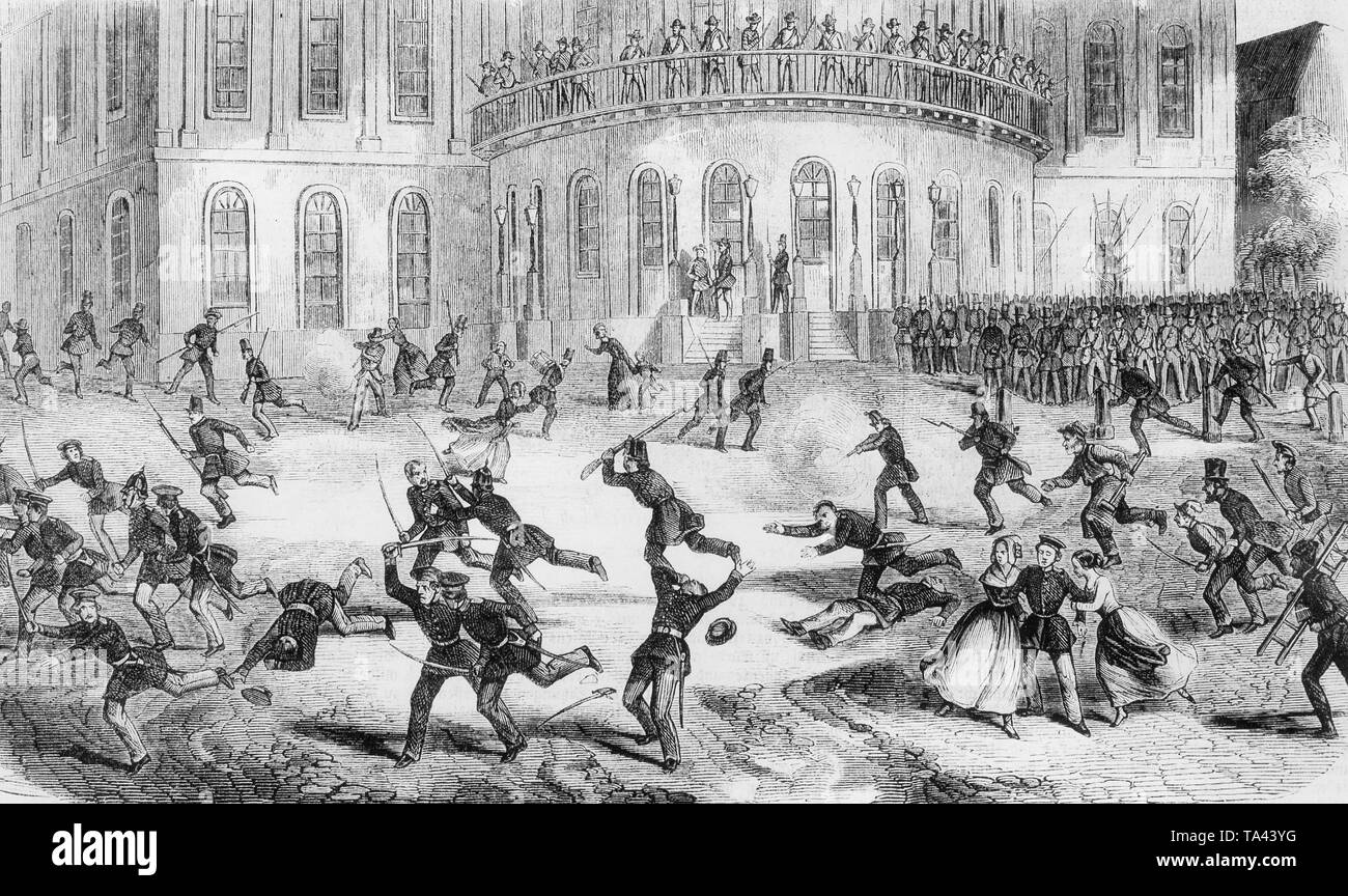 Revolution in Mainz on May 21, 1848. In the evening was a fight between citizens and Prussian troops, about 100 Prussia tried to storm the Civil Guard and were repulsed with the loss of some dead and wounded (contemporary representation) Stock Photo