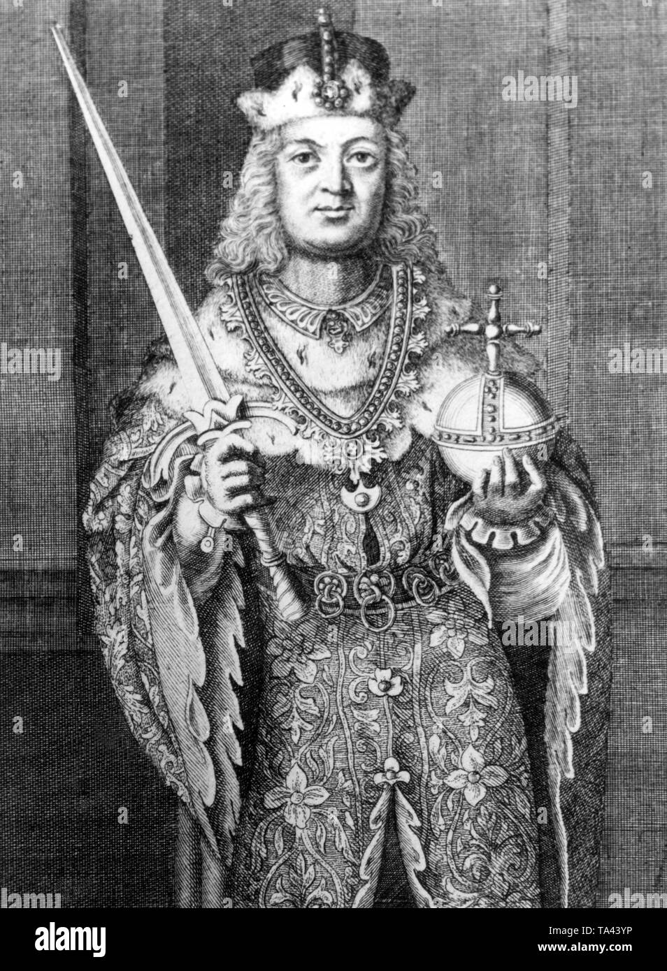 This photograph is a portrait of Ludwig I, nicknamed 'The Kelheimer', Duke of Bavaria, son of Otto I, with the imperial insignia sword, crown and orb with cross. In 1180 Otto von Wittelsbach was rewarded with the Duchy of Bavaria for the military assistance offered to Emperor Friedrich Barbarossa in place of the outlawed Henry the Lion. Ludwig the Kelheimer acquired large areas and became thereby one of the most famous member of the House of Wittelsbach. Undated picture, probably from the early 13th century Stock Photo